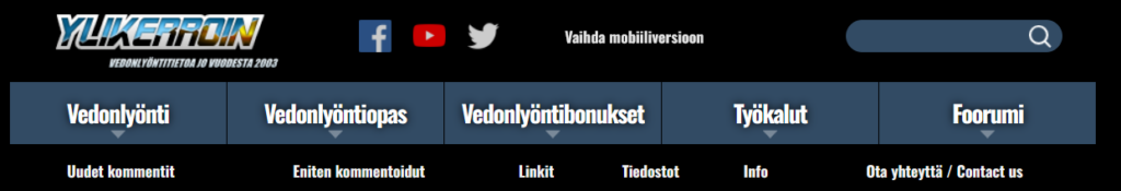 Vedonlyöntivalikko aiemmasta sivustoversiosta.